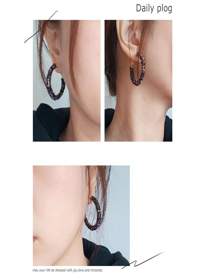 CHCCOYE Handmade Beaded Hoop Earrings Bohemia Circle Earrings 2mm Color Plating Faceted Glass Beads Colorful Crystal Beaded,party Wedding Women Jewelry Gift (Black Pink) - Image 5
